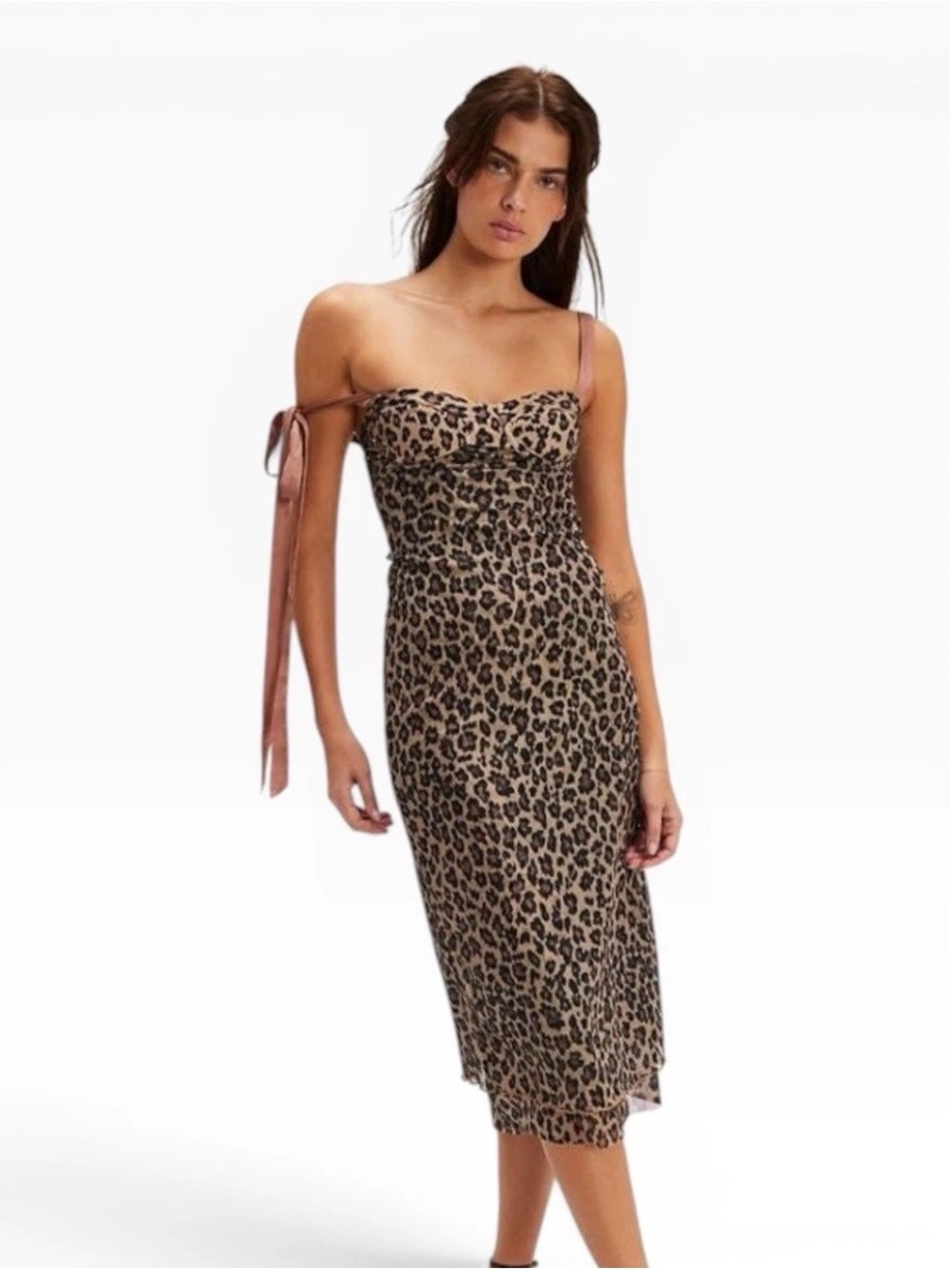 Free People Leopard-Print Midi Dress with Ribbon Straps - beige & brown